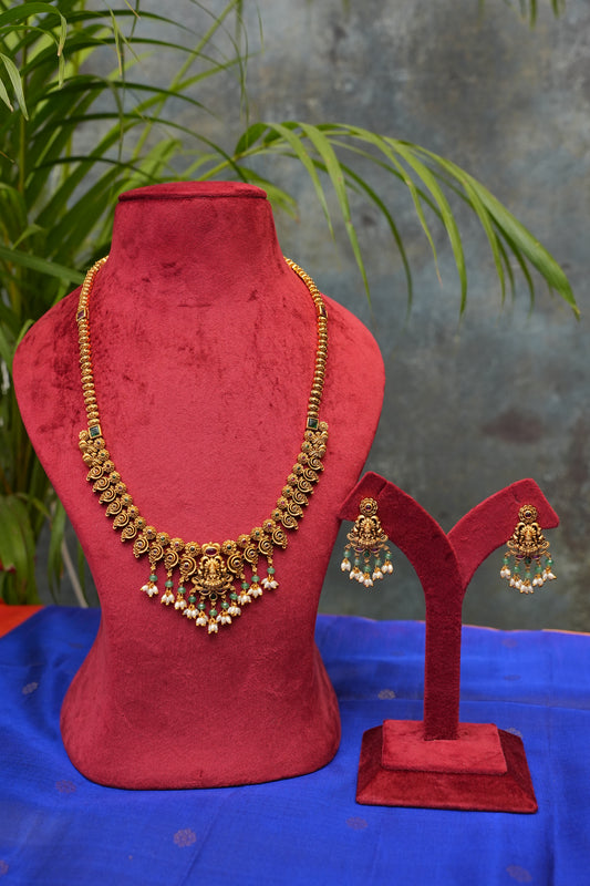 Antique Gold-Plated Temple Long Haaram Set with Lakshmi Pendant