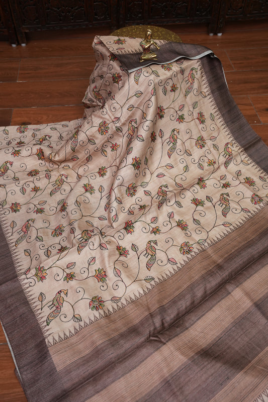 Semi Raw Silk Saree with Embroidered Body & Temple Borders – Beige & Coffee Brown