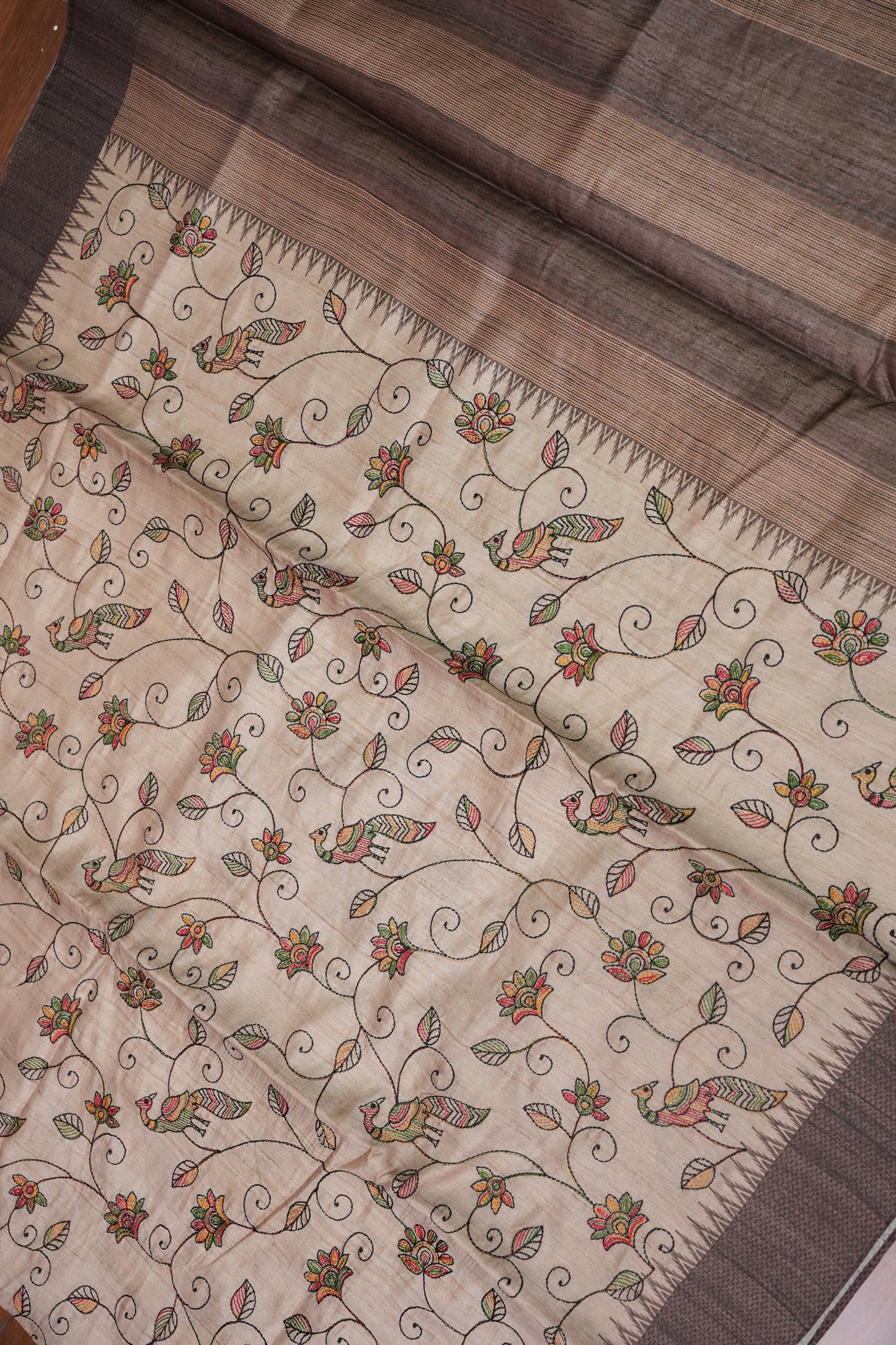 Semi Raw Silk Saree with Embroidered Body & Temple Borders – Beige & Coffee Brown