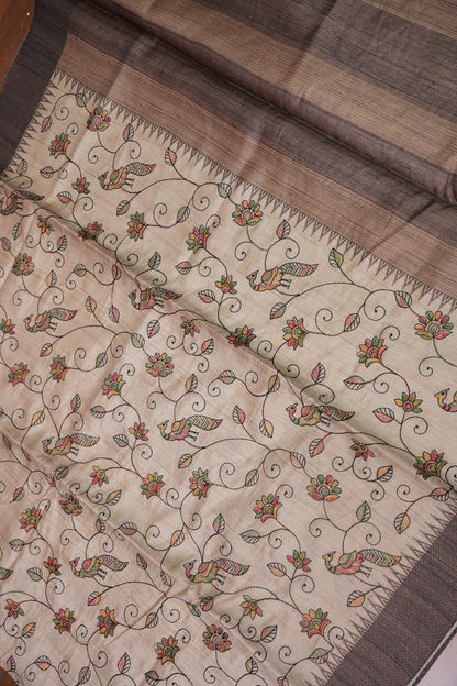 Semi Raw Silk Saree with Embroidered Body & Temple Borders – Beige & Coffee Brown