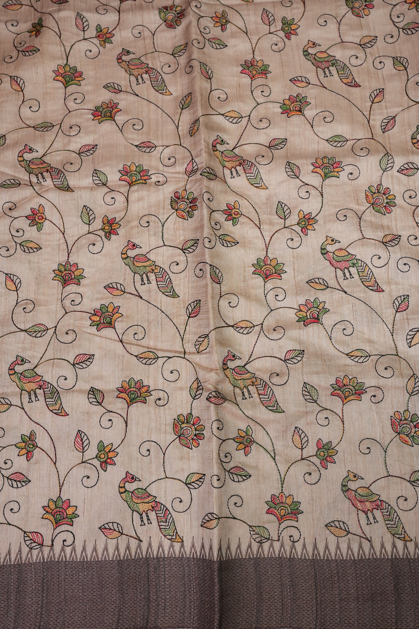 Semi Raw Silk Saree with Embroidered Body & Temple Borders – Beige & Coffee Brown