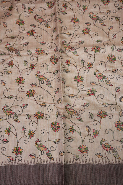 Semi Raw Silk Saree with Embroidered Body & Temple Borders – Beige & Coffee Brown