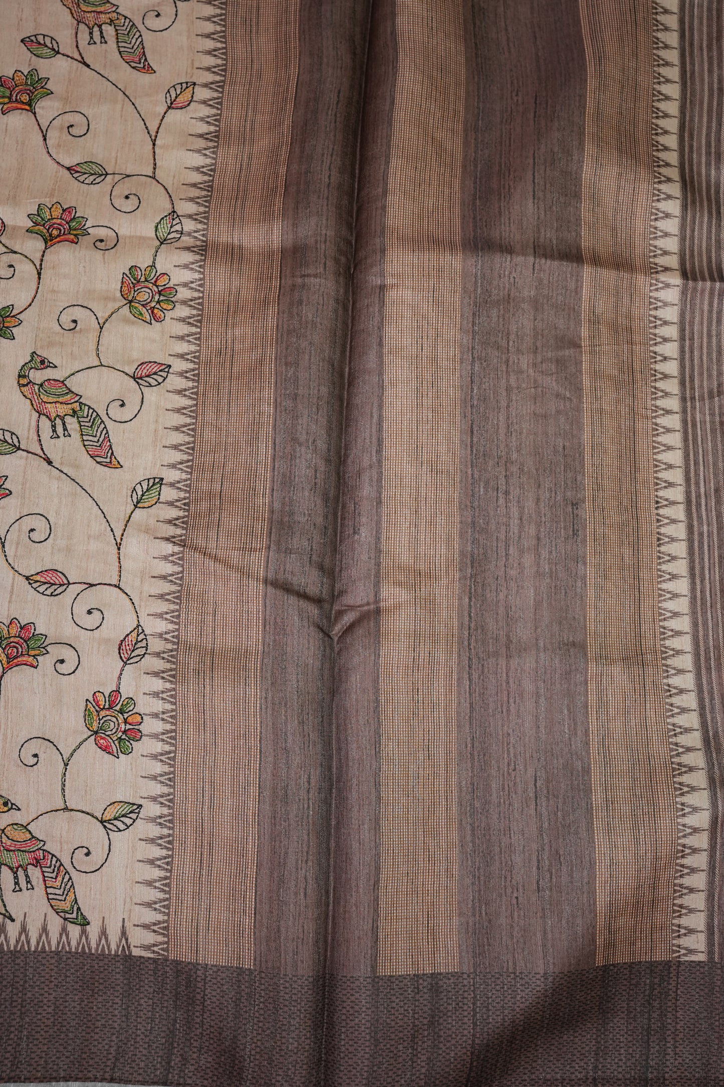 Semi Raw Silk Saree with Embroidered Body & Temple Borders – Beige & Coffee Brown