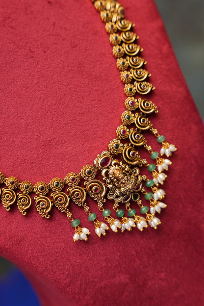 Antique Gold-Plated Temple Long Haaram Set with Lakshmi Pendant