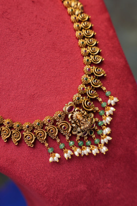 Antique Gold-Plated Temple Long Haaram Set with Lakshmi Pendant