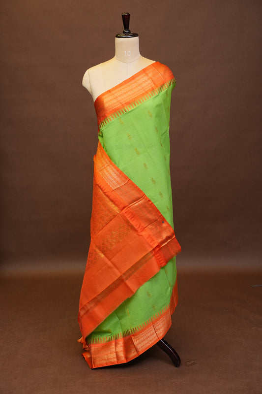 Gadwal Cotton Saree - Parrot Green & Orange