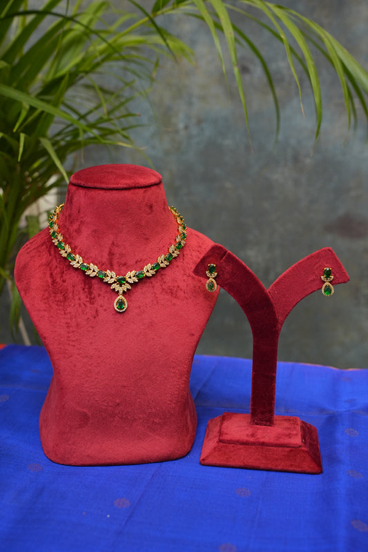 AD Necklace Set with Emerald & White Stone Deatailing With a Matching Earring