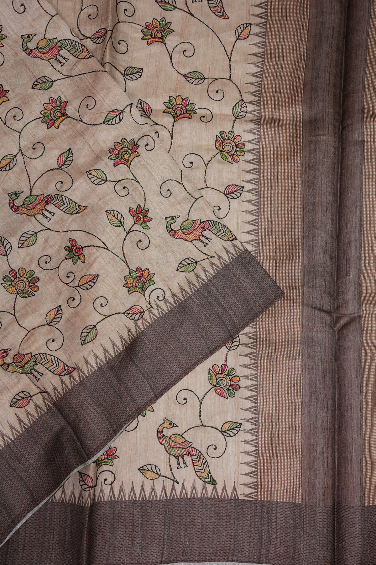 Semi Raw Silk Saree with Embroidered Body & Temple Borders – Beige & Coffee Brown