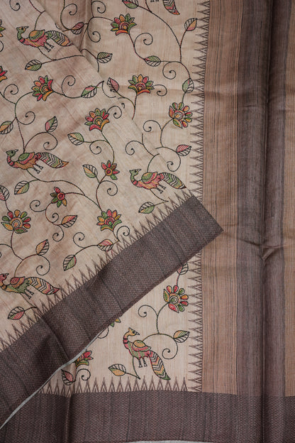 Semi Raw Silk Saree with Embroidered Body & Temple Borders – Beige & Coffee Brown