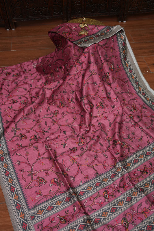 Semi Raw Silk Saree with Embroidered Body & Patola Styled Borders – Dusty Rose