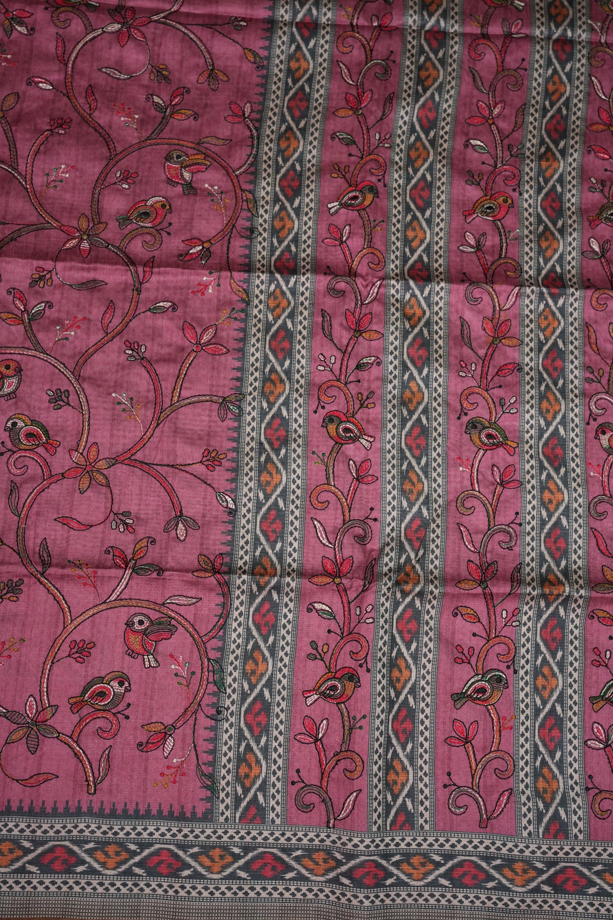 Semi Raw Silk Saree with Embroidered Body & Patola Styled Borders – Dusty Rose