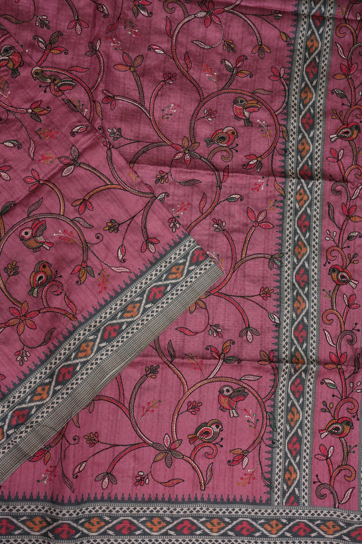 Semi Raw Silk Saree with Embroidered Body & Patola Styled Borders – Dusty Rose
