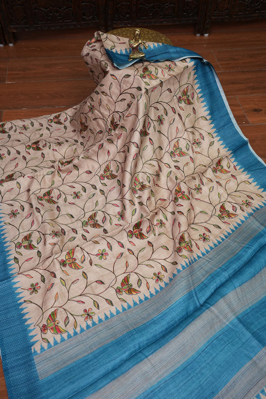 Semi Raw Silk Saree with Embroidered Body & Temple Borders – Beige & Teal Blue