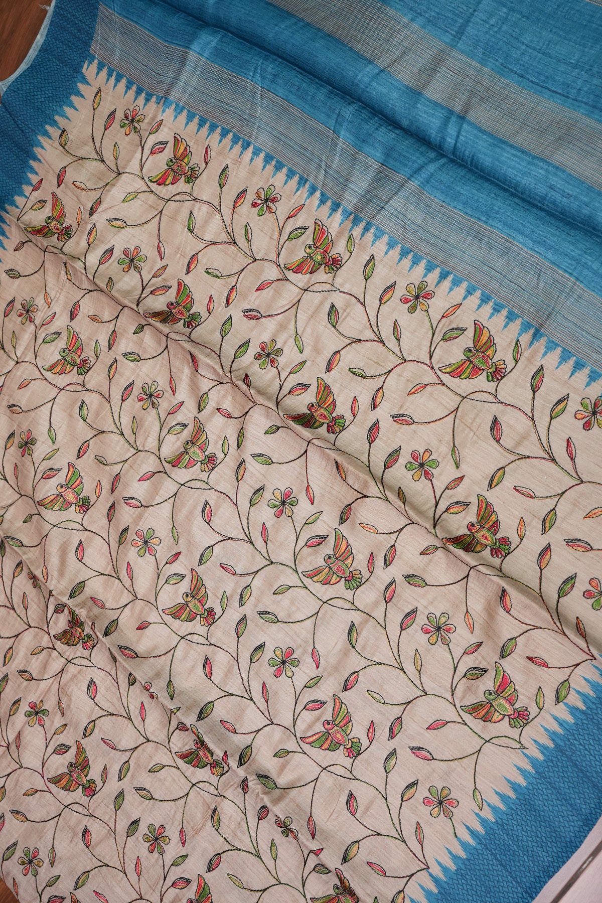Semi Raw Silk Saree with Embroidered Body & Temple Borders – Beige & Teal Blue