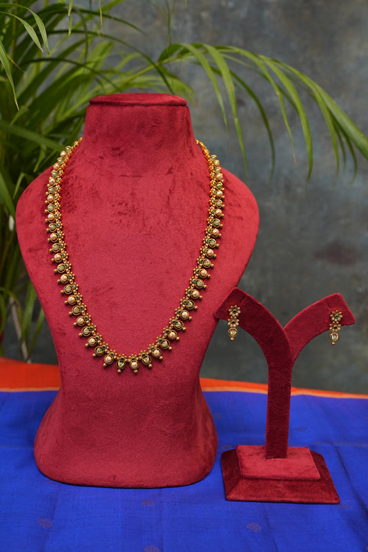 Antique Gold-Plated Sleek Long Chain Haaram with Bead Detailing