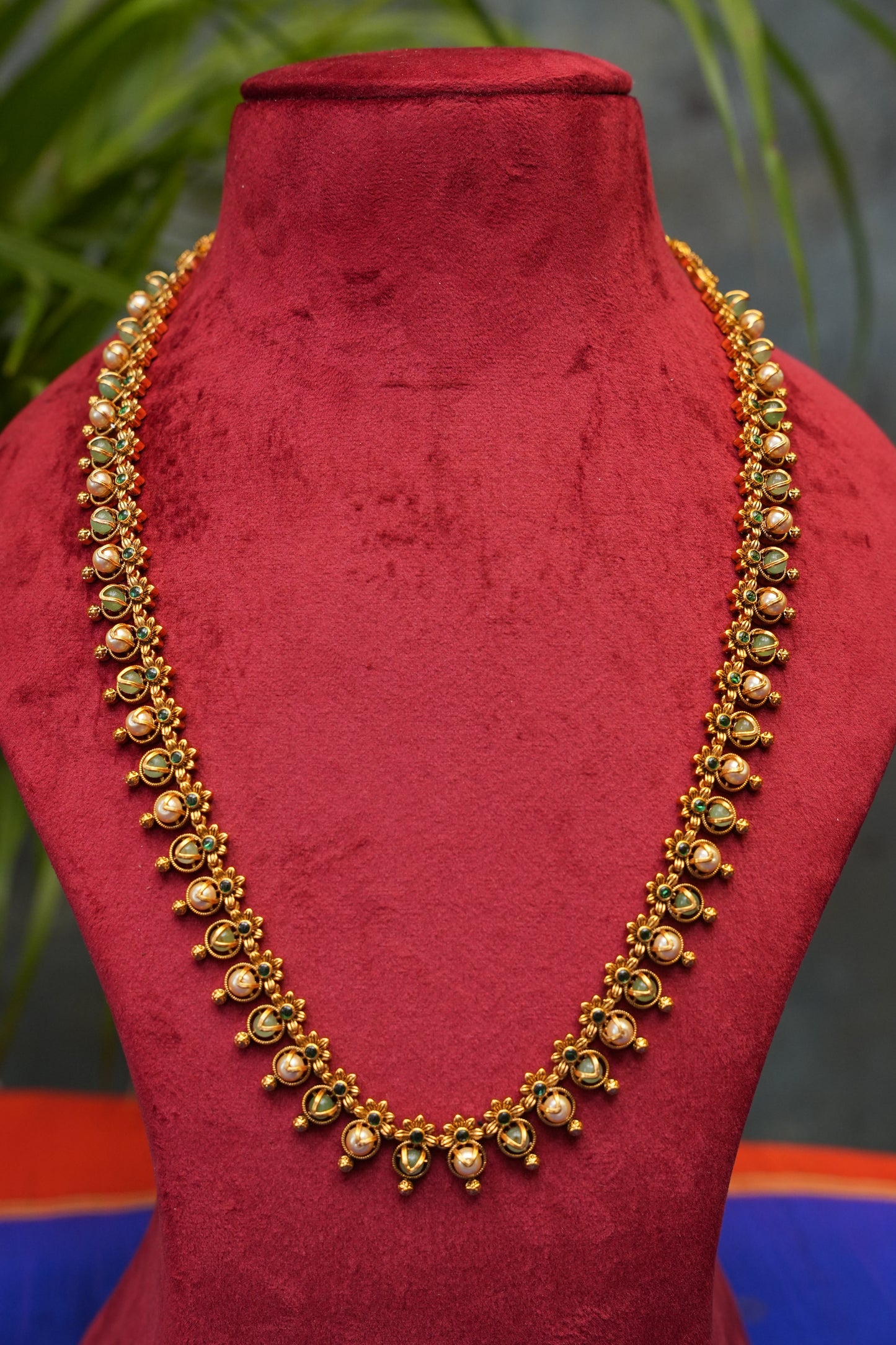 Antique Gold-Plated Sleek Long Chain Haaram with Bead Detailing