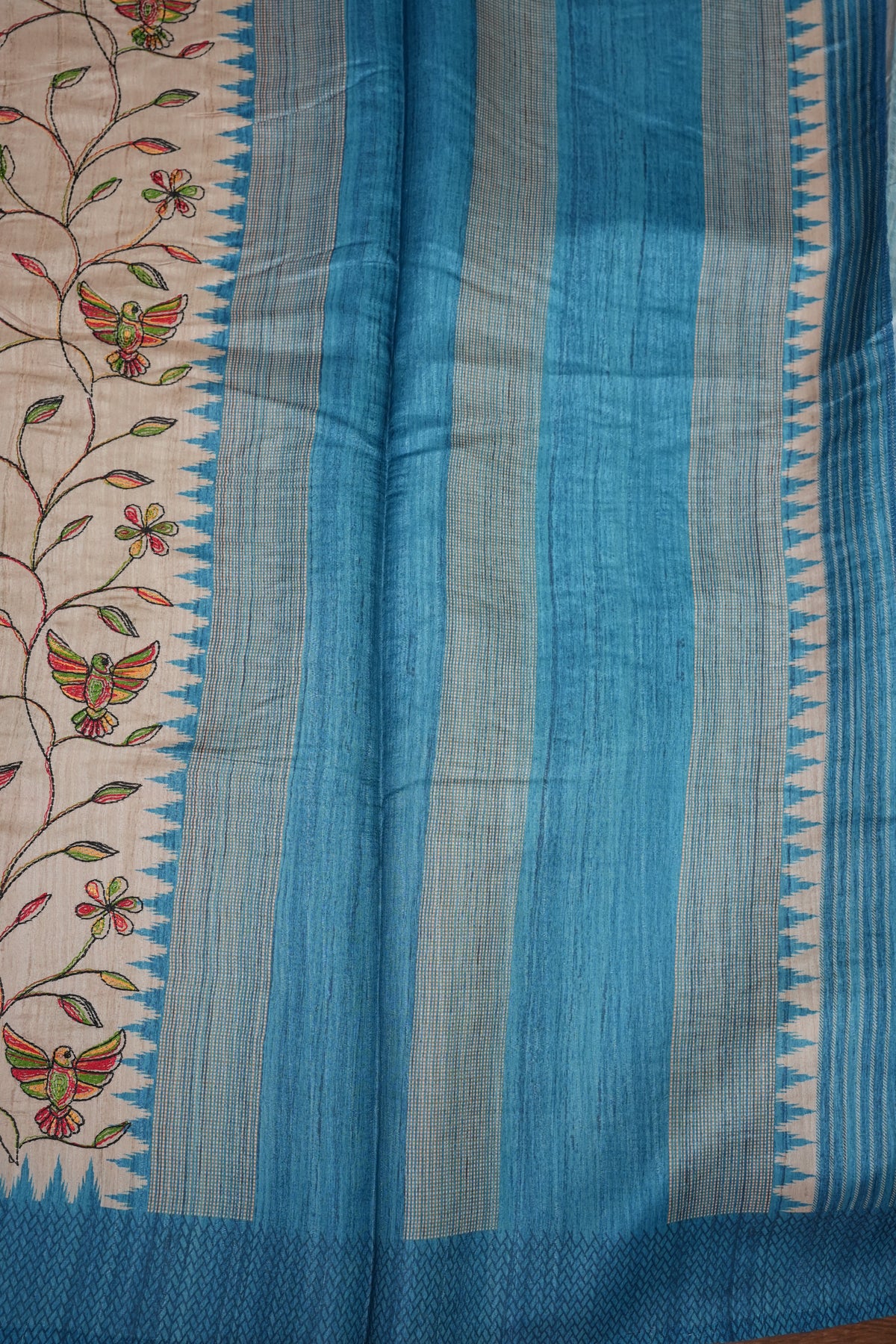 Semi Raw Silk Saree with Embroidered Body & Temple Borders – Beige & Teal Blue