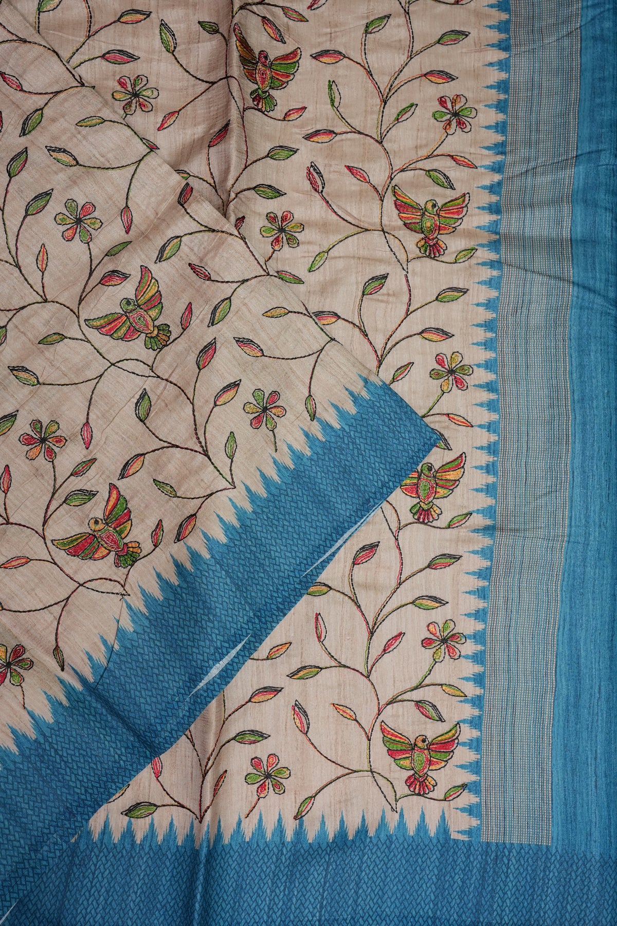 Semi Raw Silk Saree with Embroidered Body & Temple Borders – Beige & Teal Blue