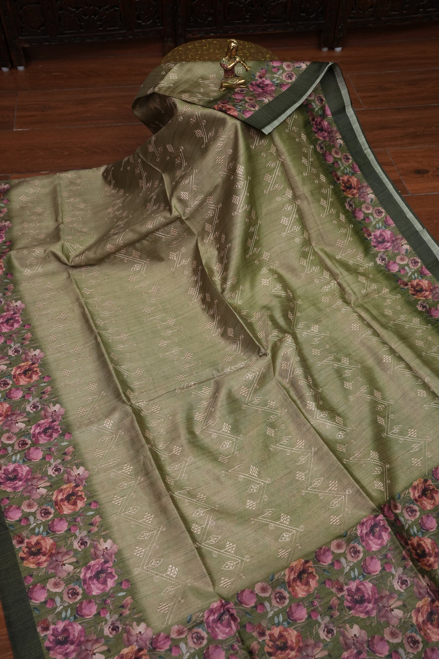 Semi Raw Silk Saree with Embroidered Body & Floral Borders – Olive Green