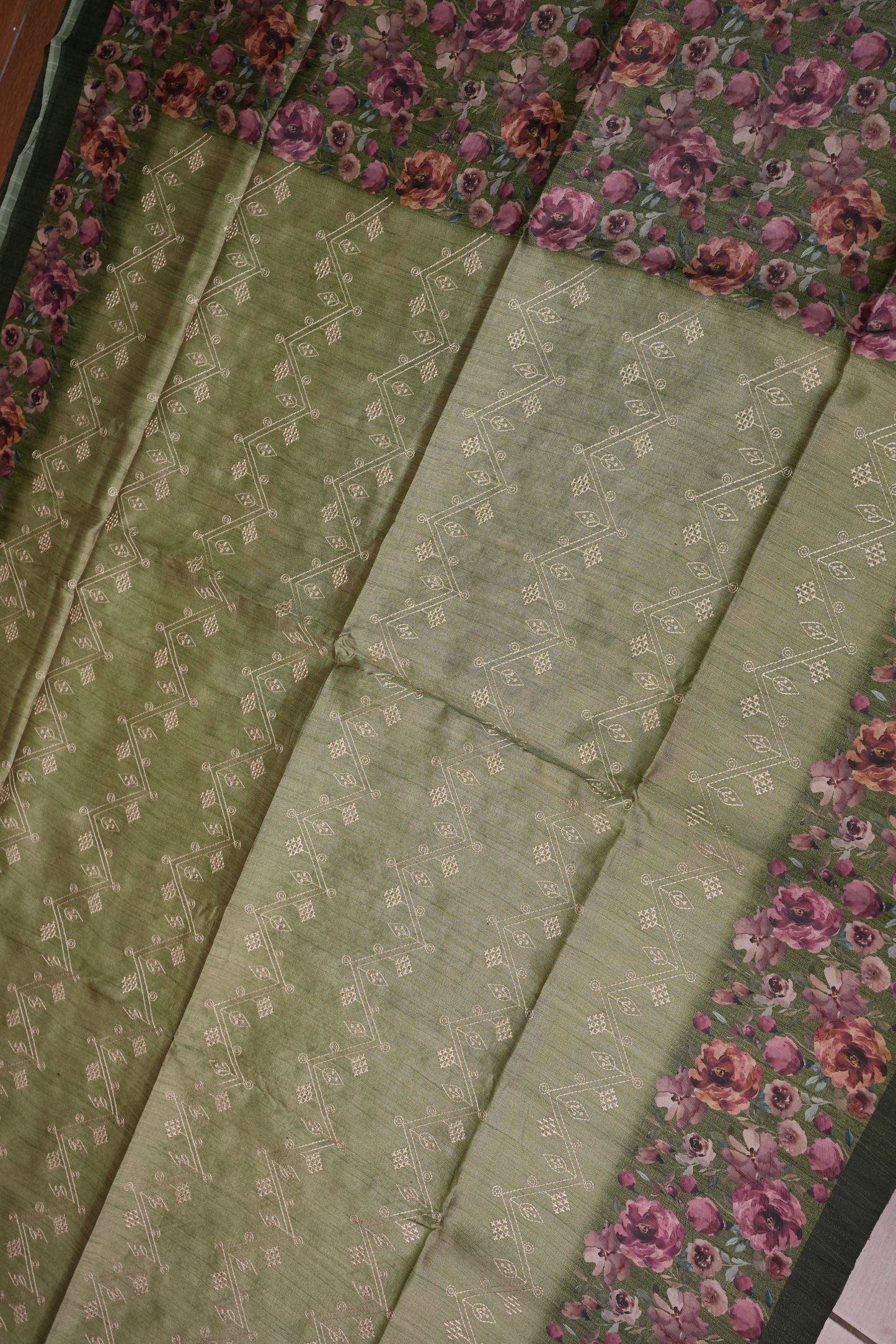 Semi Raw Silk Saree with Embroidered Body & Floral Borders – Olive Green