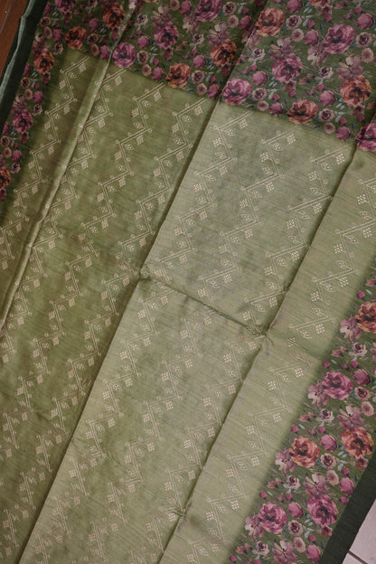 Semi Raw Silk Saree with Embroidered Body & Floral Borders – Olive Green