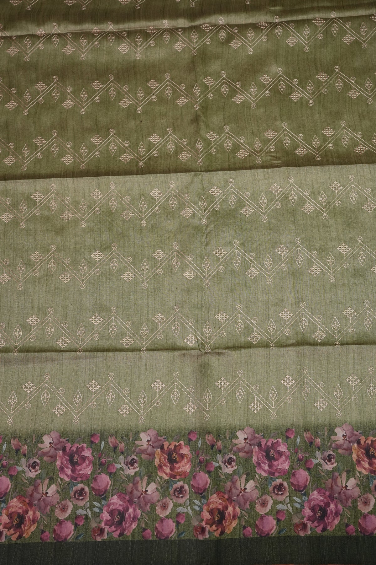 Semi Raw Silk Saree with Embroidered Body & Floral Borders – Olive Green