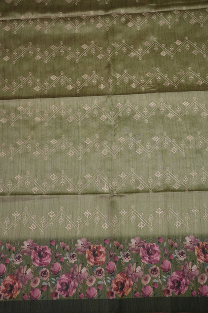 Semi Raw Silk Saree with Embroidered Body & Floral Borders – Olive Green