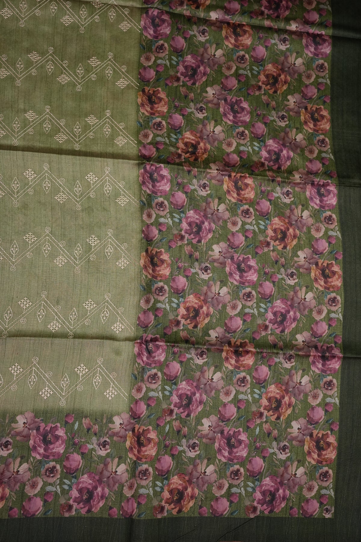 Semi Raw Silk Saree with Embroidered Body & Floral Borders – Olive Green