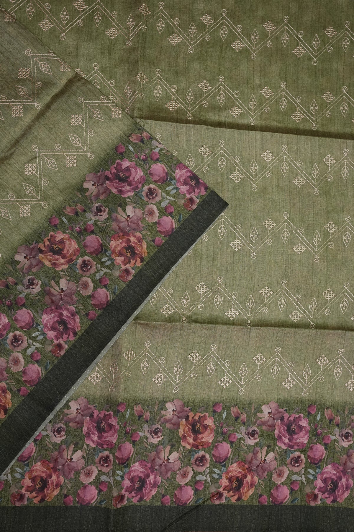 Semi Raw Silk Saree with Embroidered Body & Floral Borders – Olive Green