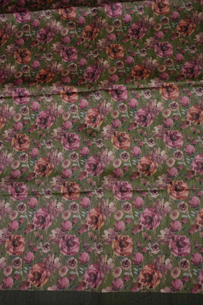 Semi Raw Silk Saree with Embroidered Body & Floral Borders – Olive Green
