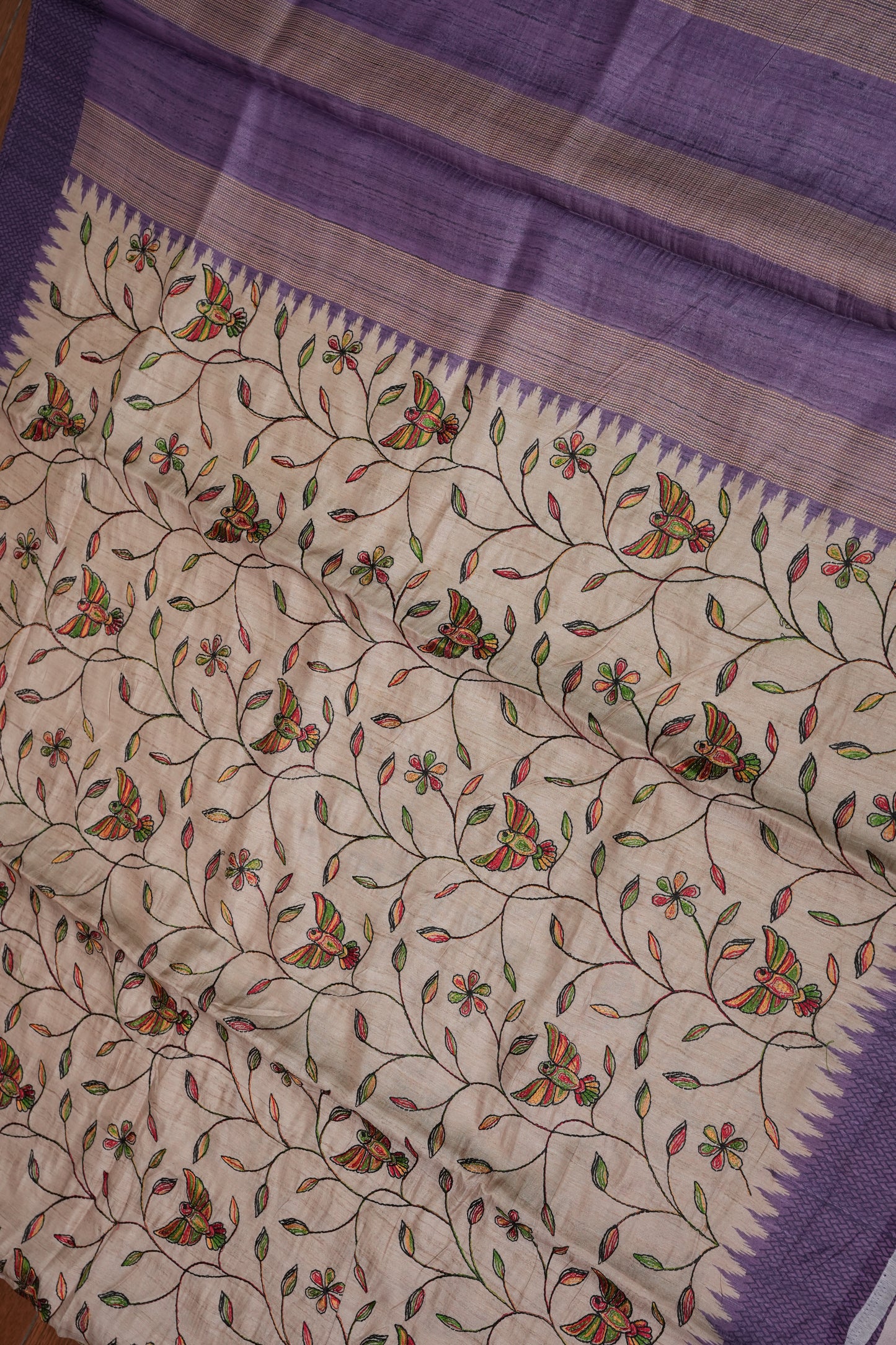 Semi Raw Silk Saree with Embroidered Body & Temple Borders – Beige & Lavender Purple
