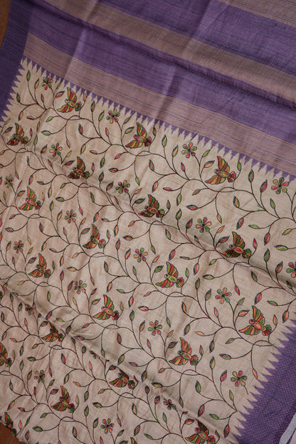 Semi Raw Silk Saree with Embroidered Body & Temple Borders – Beige & Lavender Purple