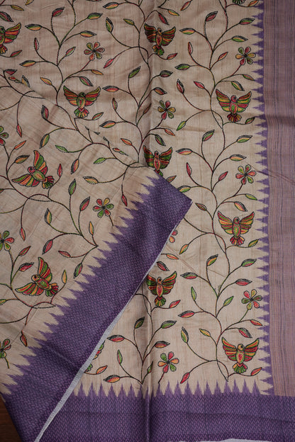Semi Raw Silk Saree with Embroidered Body & Temple Borders – Beige & Lavender Purple