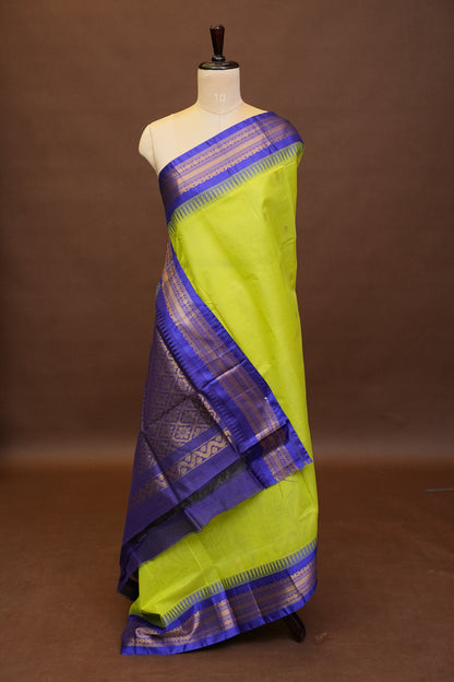 Gadwal Cotton Saree - Parrot Green & Royal Blue