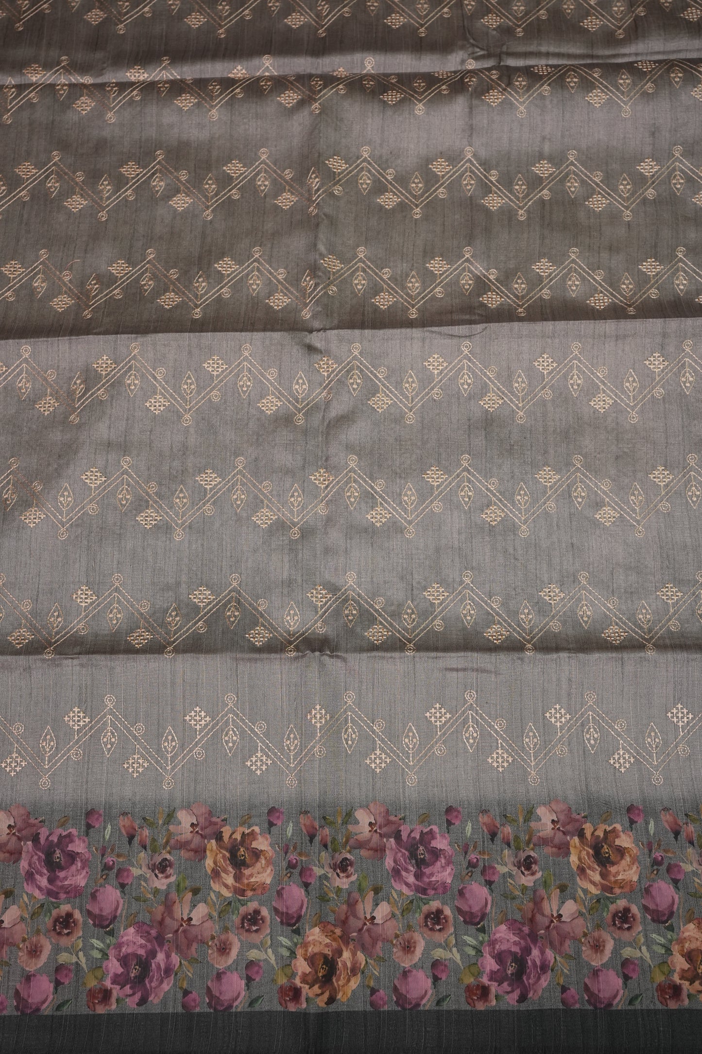 Semi Raw Silk Saree with Embroidered Body & Floral Borders – Charcoal Grey