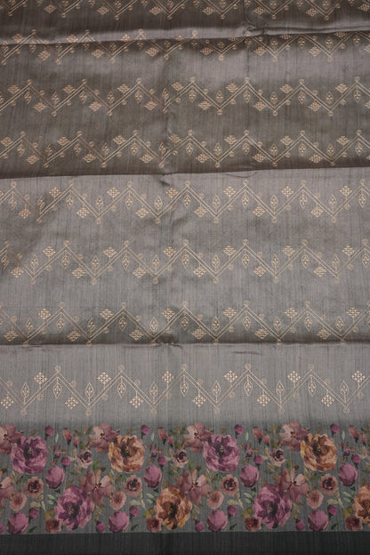 Semi Raw Silk Saree with Embroidered Body & Floral Borders – Charcoal Grey