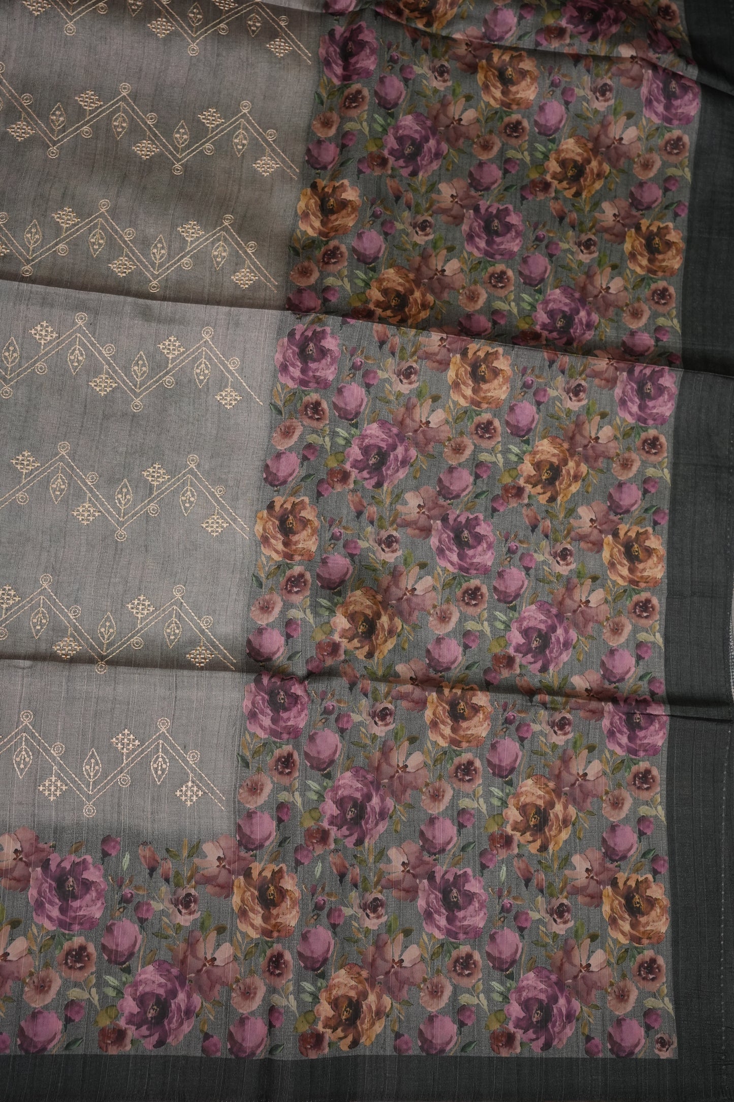 Semi Raw Silk Saree with Embroidered Body & Floral Borders – Charcoal Grey