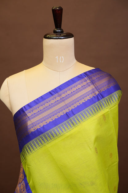 Gadwal Cotton Saree - Parrot Green & Royal Blue