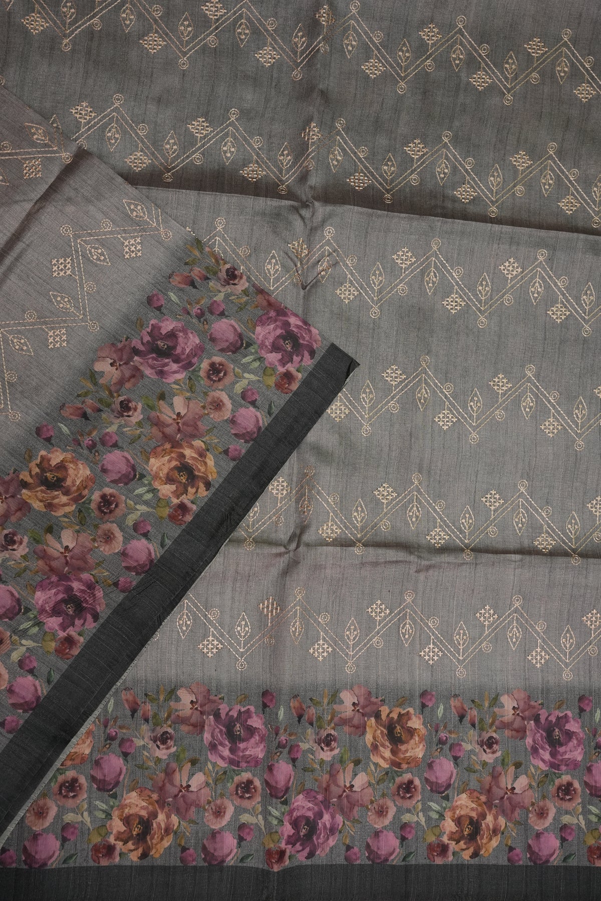 Semi Raw Silk Saree with Embroidered Body & Floral Borders – Charcoal Grey
