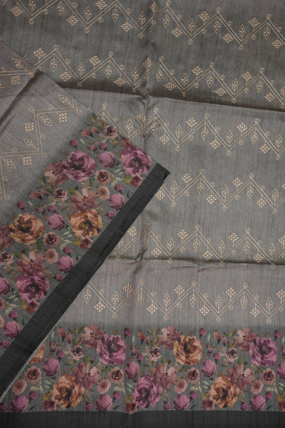 Semi Raw Silk Saree with Embroidered Body & Floral Borders – Charcoal Grey