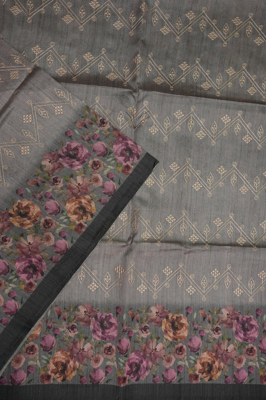 Semi Raw Silk Saree with Embroidered Body & Floral Borders – Charcoal Grey