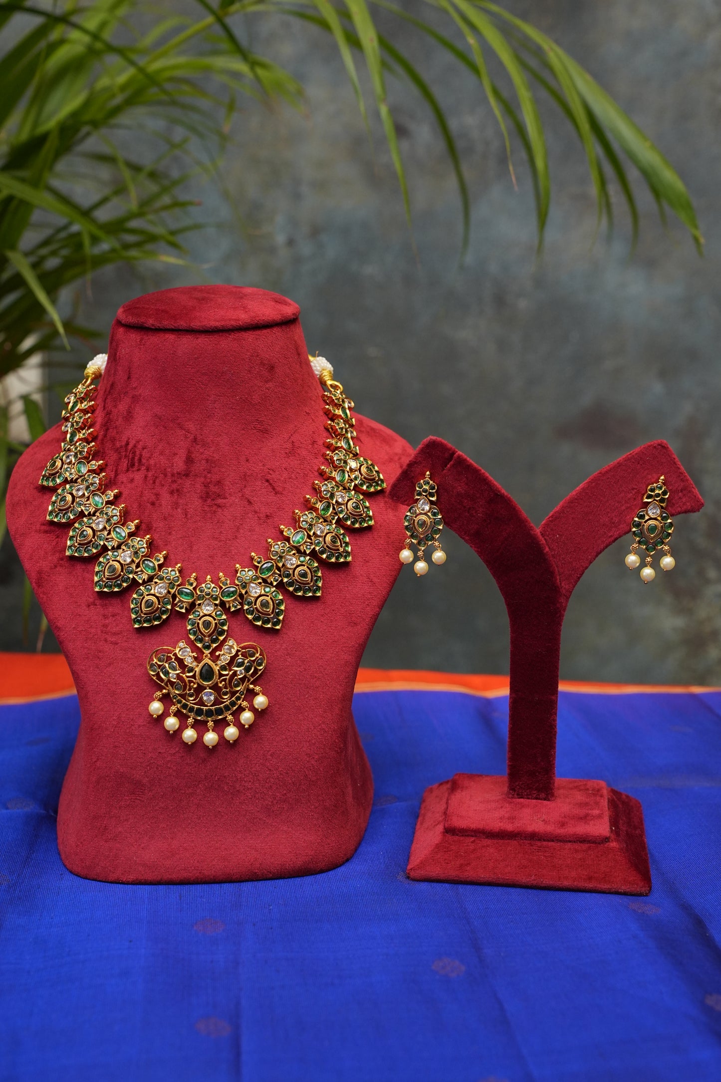 Antique Gold-Plated Emerald Stone Temple Jewellery Set