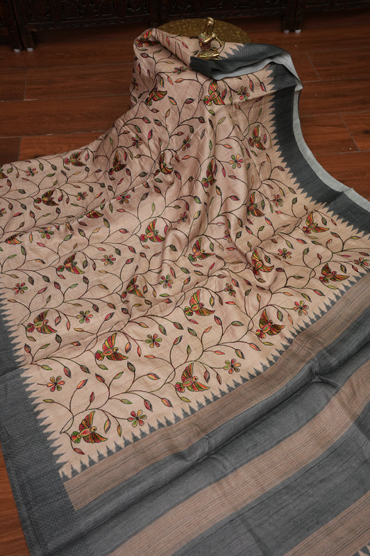 Semi Raw Silk Saree with Embroidered Body & Temple Border – Beige & Charcoal Grey
