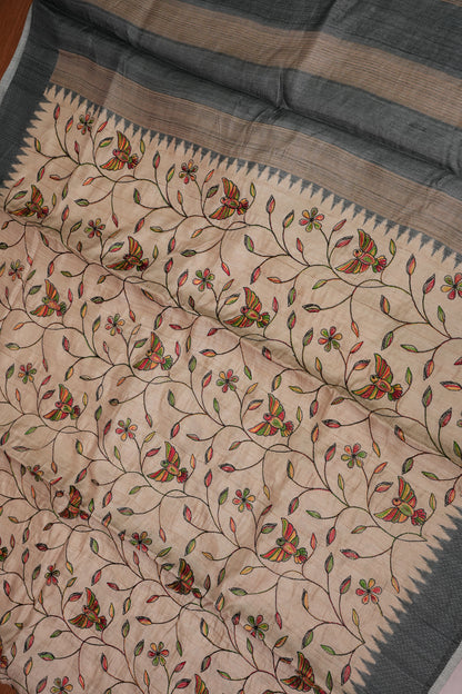 Semi Raw Silk Saree with Embroidered Body & Temple Border – Beige & Charcoal Grey