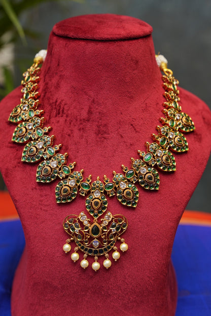 Antique Gold-Plated Emerald Stone Temple Jewellery Set