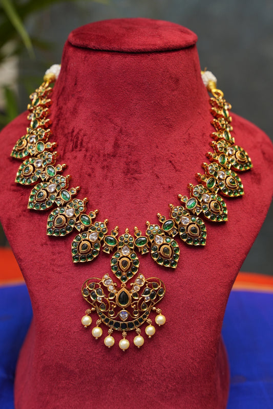 Antique Gold-Plated Emerald Stone Temple Jewellery Set