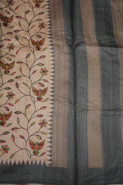 Semi Raw Silk Saree with Embroidered Body & Temple Border – Beige & Charcoal Grey