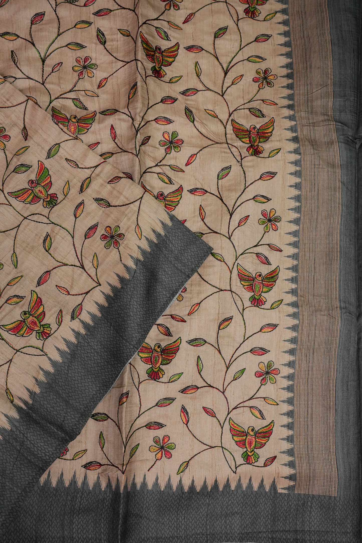 Semi Raw Silk Saree with Embroidered Body & Temple Border – Beige & Charcoal Grey