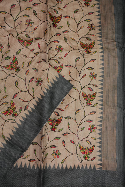 Semi Raw Silk Saree with Embroidered Body & Temple Border – Beige & Charcoal Grey