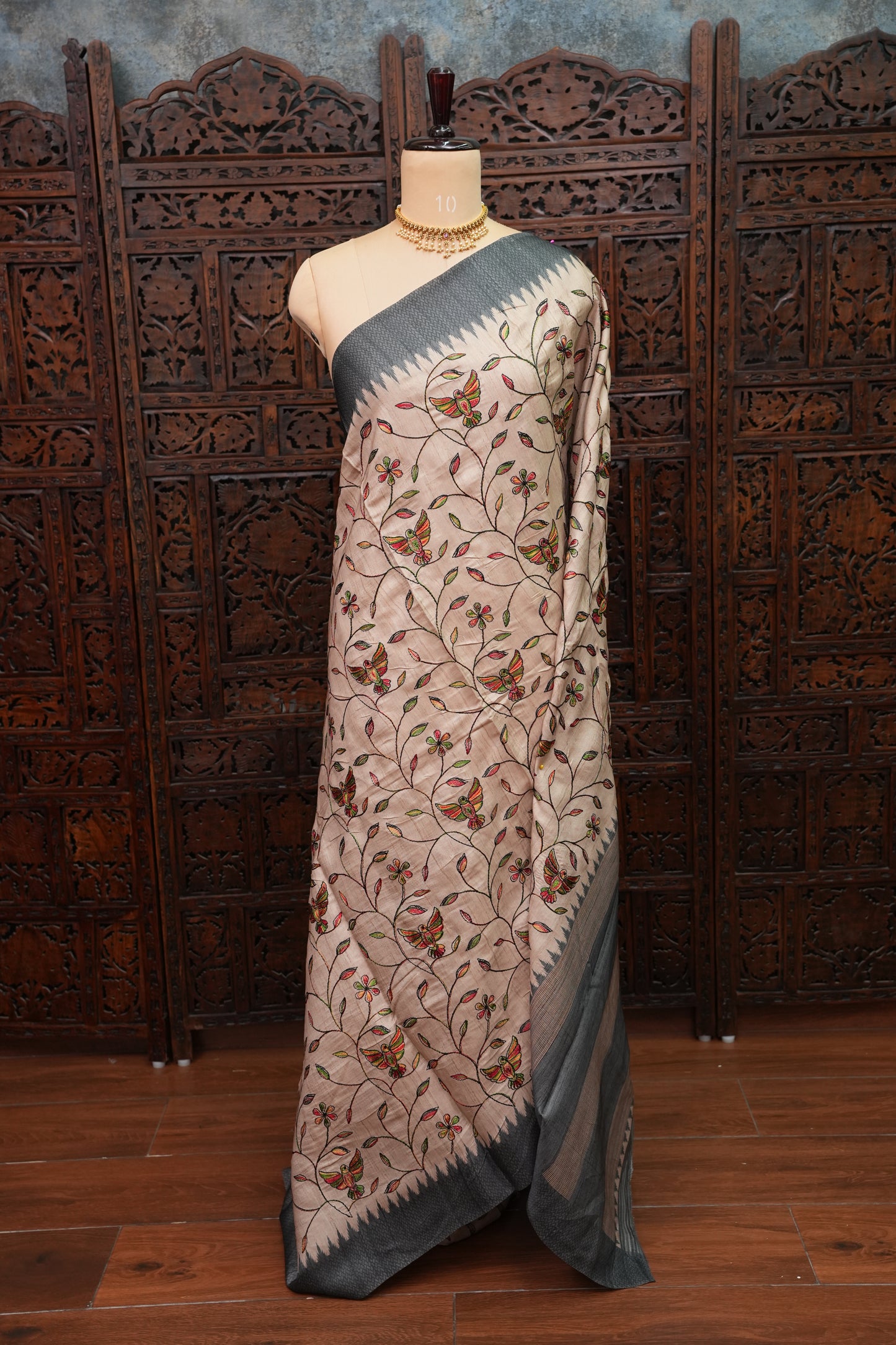 Semi Raw Silk Saree with Embroidered Body & Temple Border – Beige & Charcoal Grey